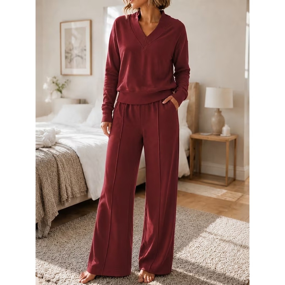 Burgundy V-Neck Long Sleeve Top & Wide Leg Pants 2pc Lounge Set L /#26935
